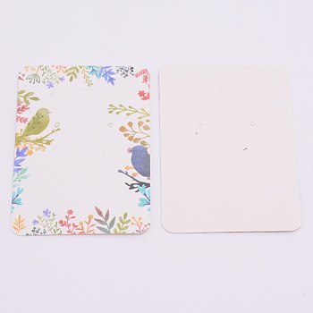 White Cardboard Earring Display Cards, Rectangle with Leaf and Bird Pattern, Colorful, 7.2x5.1x0.05cm