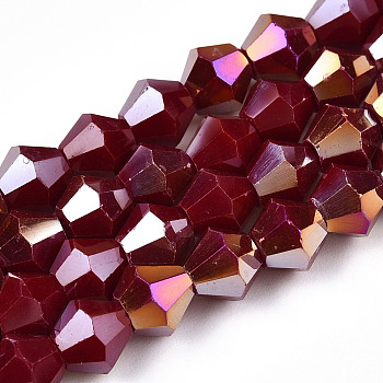 Opaque Solid Color Electroplate Glass Beads Strands, AB Color Plated, Faceted, Bicone, Dark Red, 6x5.5mm, Hole: 1mm, about 46~49pcs/strand, 10.04~10.63 inch(25.5~27cm)