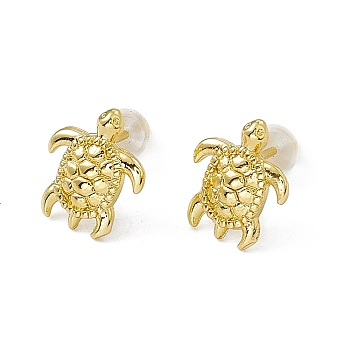 Brass Tortoise Stud Earrings for Women, Real 18K Gold Plated, 10x8.5mm, Pin: 0.8mm