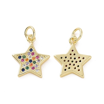 Brass Micro Pave Cubic Zirconia Charms, with Jump Rings, Star Charm, Real 18K Gold Plated, 15x12.5x1.6mm, Hole: 3.2mm