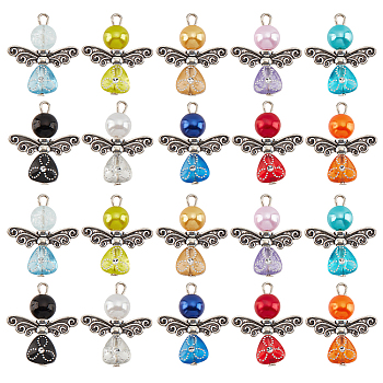 Acrylic Angel Pendants, with Imitation Pearl Beads and Alloy Findings, Mixed Color, 25~26x21.5x8mm, Hole: 1.6~2mm, 10cs/bag