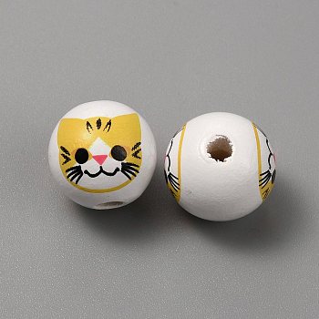 Printed Cat Wood European Beads, Large Hole Bead, Round, Yellow, 16x15mm, Hole: 4mm