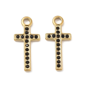 Vacuum Plating 201 Stainless Steel with Rhinestone Pendants, Religion Corss Charms, Real 18K Gold Plated, Black Diamond, 20x9x1.5mm, Hole: 2.2mm