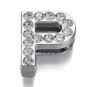 Alloy Letter Slide Charms, with Crystal Rhinestone, Cadmium Free & Lead Free, Platinum, Letter.P, 20x16x7mm, Hole: 2.5x18mm