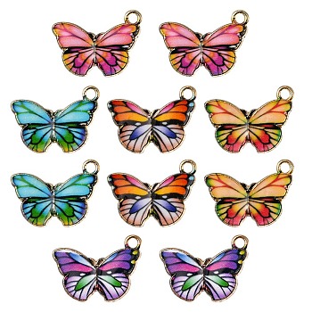 10Pcs 5 Colors Printed Alloy Pendants, Light Gold, Butterfly, Mixed Color, 15x20x1.5mm, Hole: 1.8mm, 2pcs/color