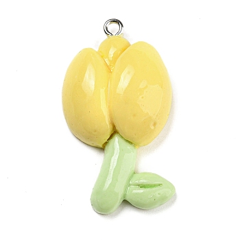 Opaque Resin Pendants, Flower Charms, with Platinum Tone Iron Loops, Champagne Yellow, 38x21x10mm, Hole: 1.5mm