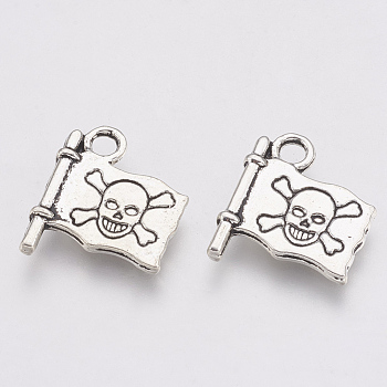 Tibetan Style Alloy Pendants, Flag with Skull, Cadmium Free & Lead Free, Antique Silver, 16x14x2mm, Hole: 2mm, about 790pcs/1000g
