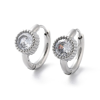 304 Stainless Steel Flat Round Hoop Earrings, with Cubic Zirconia, Stainless Steel Color, 16.5x8.5mm
