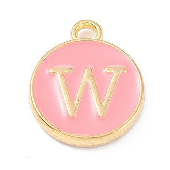 Golden Plated Alloy Enamel Charms, Enamelled Sequins, Flat Round with Alphabet, Letter.W, Pink, 14x12x2mm, Hole: 1.5mm