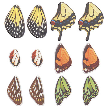 24Pcs 6 Style Printed Translucent Acrylic Pendants, Butterfly Wing, Mixed Color, 21.5~46x13.5~23.5x2mm, Hole: 1.5~1.6mm, 4pcs/style