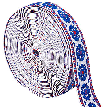 10M Ethnic style Embroidery Polyester Ribbons, Jacquard Ribbon, Garment Accessories, Flower Pattern, Medium Blue, 1 inch(25mm)