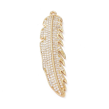 Rack Plating Brass Micro Pave Clear Cubic Zirconia Big Pendants, Feather Charms, Long-Lasting Plated, Cadmium Free & Lead Free, Real 18K Gold Plated, 51x13x2.5mm, Hole: 1.8mm