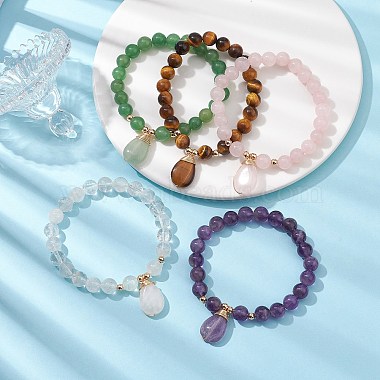 Natural Mixed Gemstone Stretch Bracelets with Teardrop Charms for Women(BJEW-JB10110)-2