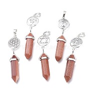 Synthetic Goldstone Pointed Big Pendants, Double Terminated Pointed, with Platinum Plated Brass Findings, Faceted, Bullet, 59~67x14~15mm, Hole: 7x5mm, Gemstone: 41~44x8mm(G-D0021-01P-11)