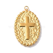304 Stainless Steel Pendants, Oval with Cross Charm, Golden, 22x13.5x2mm, Hole: 1.6mm(STAS-Q309-05G)