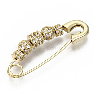 Brass Micro Pave Cubic Zirconia Safety Pins, Nickel Free, Clear, Real 18K Gold Plated, 37~38x14x5.5mm, Hole: 4mm, Pin: 1mm(ZIRC-S061-206G-NF)