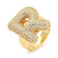 Brass Micro Pave Clear Cubic Zirconia Letter Open Cuff Ring for Women, Real 18K Gold Plated, Letter R, 23x20mm, Inner Diameter: 21mm(RJEW-M173-01G-R)