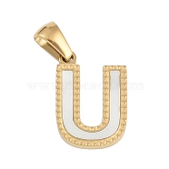 Natural White Shell Alphabet Pendants, Ion Plating(IP) Real 18K Gold Plated 304 Stainless Steel Charms, Letter U, 17x11.5x1.5mm, Hole: 5x3mm(STAS-M338-02G-U)