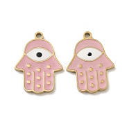 Ion Plating(IP) 316L Surgical Stainless Steel Pendants, with Enamel, Real 18K Gold Plated, Hamsa Hand with Eye Charm, Pink, 18.5x14x1.5mm, Hole: 1.2mm(STAS-D035-14G)