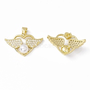 Rack Plating Brass Micro Pave Clear Cubic Zirconia Pendants, with Acrylic Bead, Long-Lasting Plated, Cadmium Free & Lead Free, Heart with Wing, Real 18K Gold Plated, 16x25.5x7mm, Hole: 4x3mm(ZIRC-C041-04G)