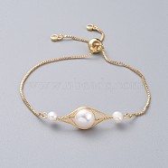 Adjustable Slider Bracelets, Bolo Bracelets, with Brass Box Chains, Natural Pearl Beads, Cubic Zirconia and Cardboard Packing Box, Golden, 9-1/2 inch(24cm)(BJEW-JB04883)