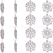 Tibetan Style Alloy Flat Round Chandelier Components Links, with Alloy Feather Pendants, Antique Silver, 34x28x2mm, Hole: 2mm(TIBEP-PH0004-08)