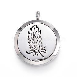 316 Surgical Stainless Steel Diffuser Locket Pendants, with Perfume Pad and Magnetic Clasps, Flat Round with Feather, Stainless Steel Color, Mixed Color, 36.5~37x30x6~6.5mm, Hole: 5mm, inner diameter: 23mm(STAS-P102-014)