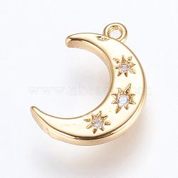 Brass Charms, with Cubic Zirconia, Moon, Golden, 16x10x2mm, Hole: 1.2~1.5mm(ZIRC-G116-06G)