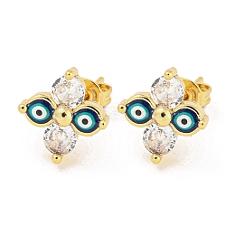 Flower with Evil Eye Real 18K Gold Plated Brass Stud Earrings, with Enamel and Cubic Zirconia, Black, 11.5x11mm(EJEW-L269-101G-01)