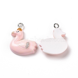 Opaque Resin Pendants, with Glitter Powder and Platinum Tone Iron Loops, Animals Charm, Pink, Swan Pattern, 23x18.5x6mm, Hole: 2mm(RESI-J023-15D)