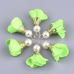 Iron Pendants, with Cloth and ABS Plastic Imitation Pearl, Flower, Golden, Lime, 25~32x15~25mm, Hole: 1~4mm(FIND-T033-07T)