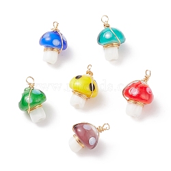 Handmade Lampwork Charms, with Copper Wire, Light Gold, Mushroom, Mixed Color, 15~17x10mm, Hole: 1.5~2mm(PALLOY-JF01650)