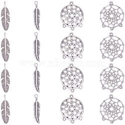 Tibetan Style Alloy Flat Round Chandelier Components Links, with Alloy Feather Pendants, Antique Silver, 34x28x2mm, Hole: 2mm(TIBEP-PH0004-08)