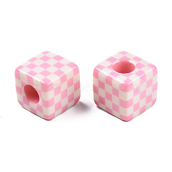 Opaque Resin European Beads, Large Hole Beads, Cube with Tartan Pattern, Pink, 20x20x20mm, Hole: 9mm(RESI-N022-10B-C07)