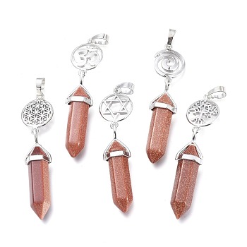 Synthetic Goldstone Pointed Big Pendants, Double Terminated Pointed, with Platinum Plated Brass Findings, Faceted, Bullet, 59~67x14~15mm, Hole: 7x5mm, Gemstone: 41~44x8mm