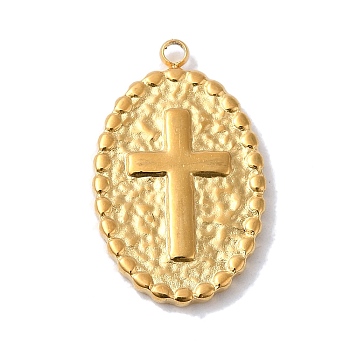 304 Stainless Steel Pendants, Oval with Cross Charm, Golden, 22x13.5x2mm, Hole: 1.6mm