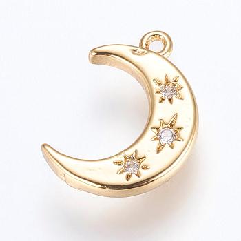 Brass Charms, with Cubic Zirconia, Moon, Golden, 16x10x2mm, Hole: 1.2~1.5mm