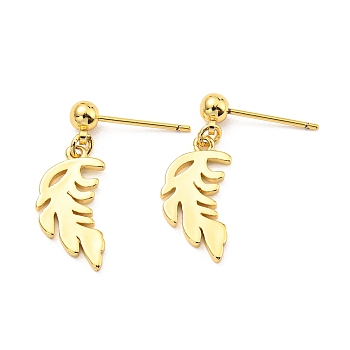 Rack Plating Brass Leaf Dangle Stud Earrings, Cadmium Free & Lead Free, Long-Lasting Plated, Real 18K Gold Plated, 23x9mm