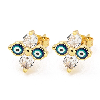 Flower with Evil Eye Real 18K Gold Plated Brass Stud Earrings, with Enamel and Cubic Zirconia, Black, 11.5x11mm