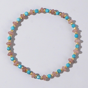 Beach Vacation Style Natuarl Strawberry Quartz & Synthetic Turquoise Beaded Stretch Bracelet Women