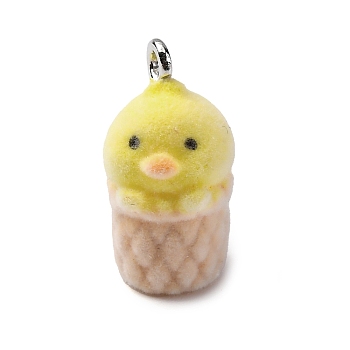 Flocky Resin Pendants, Duck, with Platinum Iron Loop, Yellow, 18x10x10mm, Hole: 1.8mm