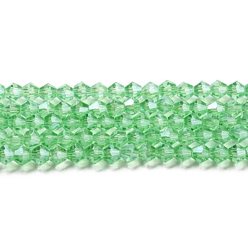 Transparent Electroplate Glass Beads Strands, Pearl Luster Plated, Faceted, Bicone, Light Green, 3x2.5mm, Hole: 0.7mm, about 162~185pcs/strand, 12.76~14.61 inch(32.4~37.1cm)