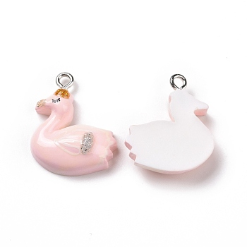 Opaque Resin Pendants, with Glitter Powder and Platinum Tone Iron Loops, Animals Charm, Pink, Swan Pattern, 23x18.5x6mm, Hole: 2mm