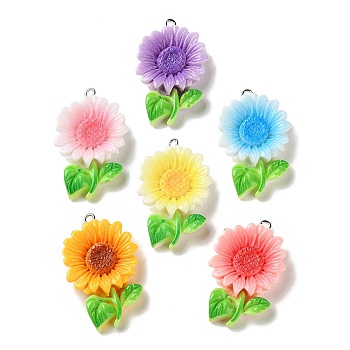 Opaque Resin Pendants, Sunflower Charm, with Platinum Iron Loop, Mixed Color, 36x23x6mm, Hole: 2mm