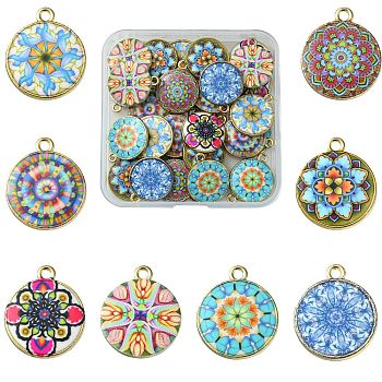 40Pcs 8 Style Alloy Printed Pendants, Cadmium Free & Nickel Free & Lead Free, Flat Round with Flower Charms, Mixed Color, 21.5x18x3mm, Hole: 1.8mm, 5Pcs/color