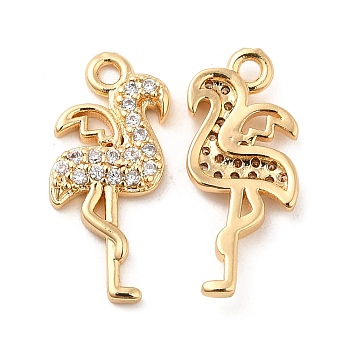 Brass Micro Pave Cubic Zirconia Pendants, Flamingo Charm, Real 18K Gold Plated, 19x8x2mm, Hole: 1.5mm