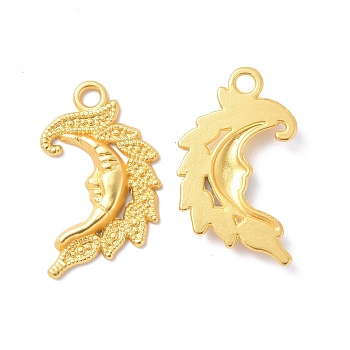 Rack Plating Alloy Pendants, Cadmium Free & Lead Free & Nickle Free, Moon with Human Face Charm, Matte Gold Color, 26.5x15x2.5mm, Hole: 2.5mm