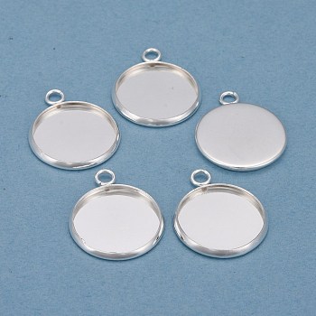 304 Stainless Steel Pendant Cabochon Settings, Plain Edge Bezel Cups, Flat Round, Silver, Tray: 16mm, 21.5x18x2mm, Hole: 2.2mm