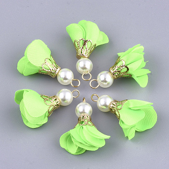 Iron Pendants, with Cloth and ABS Plastic Imitation Pearl, Flower, Golden, Lime, 25~32x15~25mm, Hole: 1~4mm