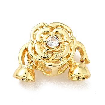 Rack Plating Brass Clear Cubic Zirconia Fold Over Clasps, Cadmium Free & Lead Free, Long-Lasting Plated, Flower, Golden, Flower: 14x14x11mm, Clasp: 11x6.5x6.5mm, Inner Diameter: 4.1mm